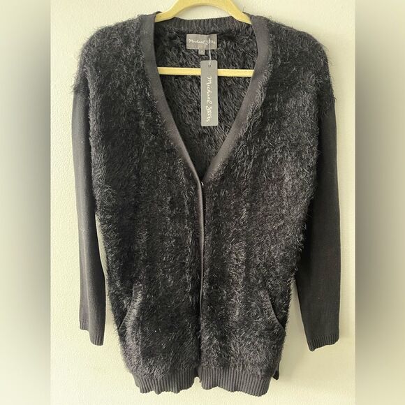 NWT Michael Stars black fuzzy cardigan snap front size medium - Picture 1 of 6